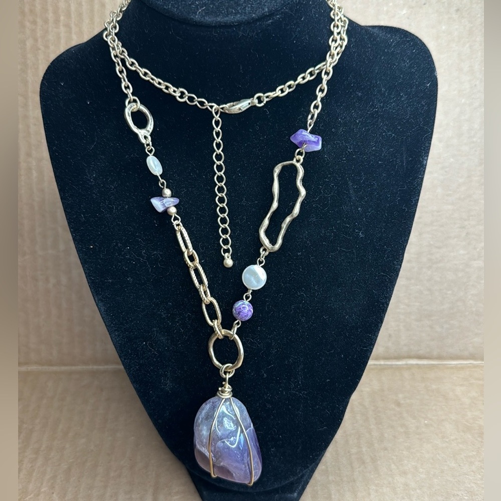 Amethyst Pendant Silver Tone Necklace